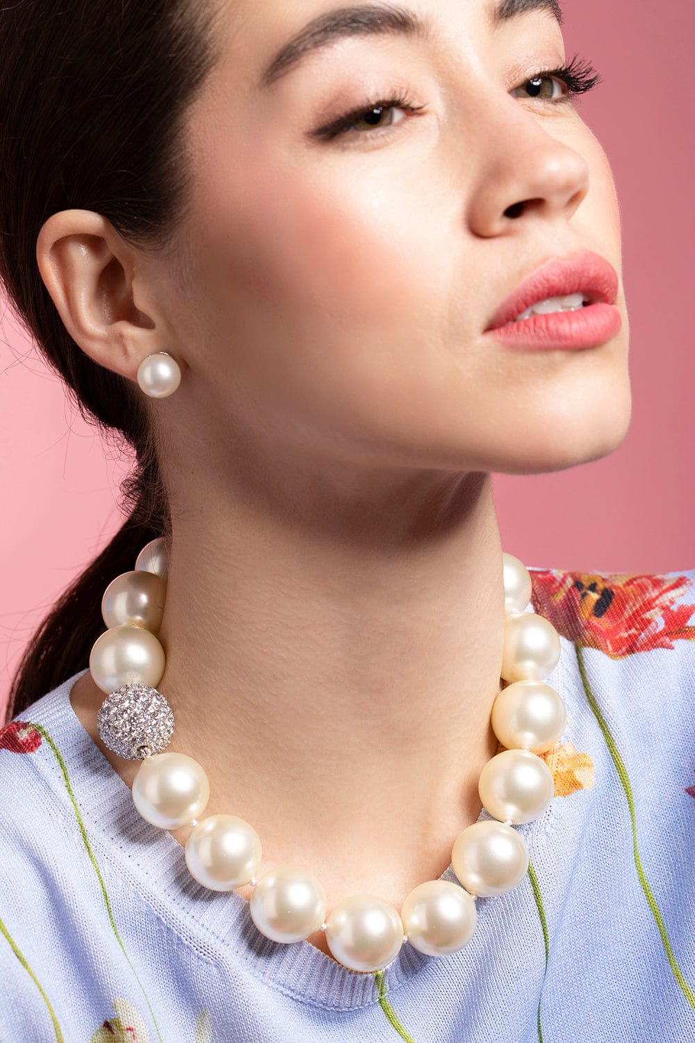 FANTASIA by DESERIO-Pearl With Cubic Zirconia Pave Ball Necklace-PEARL