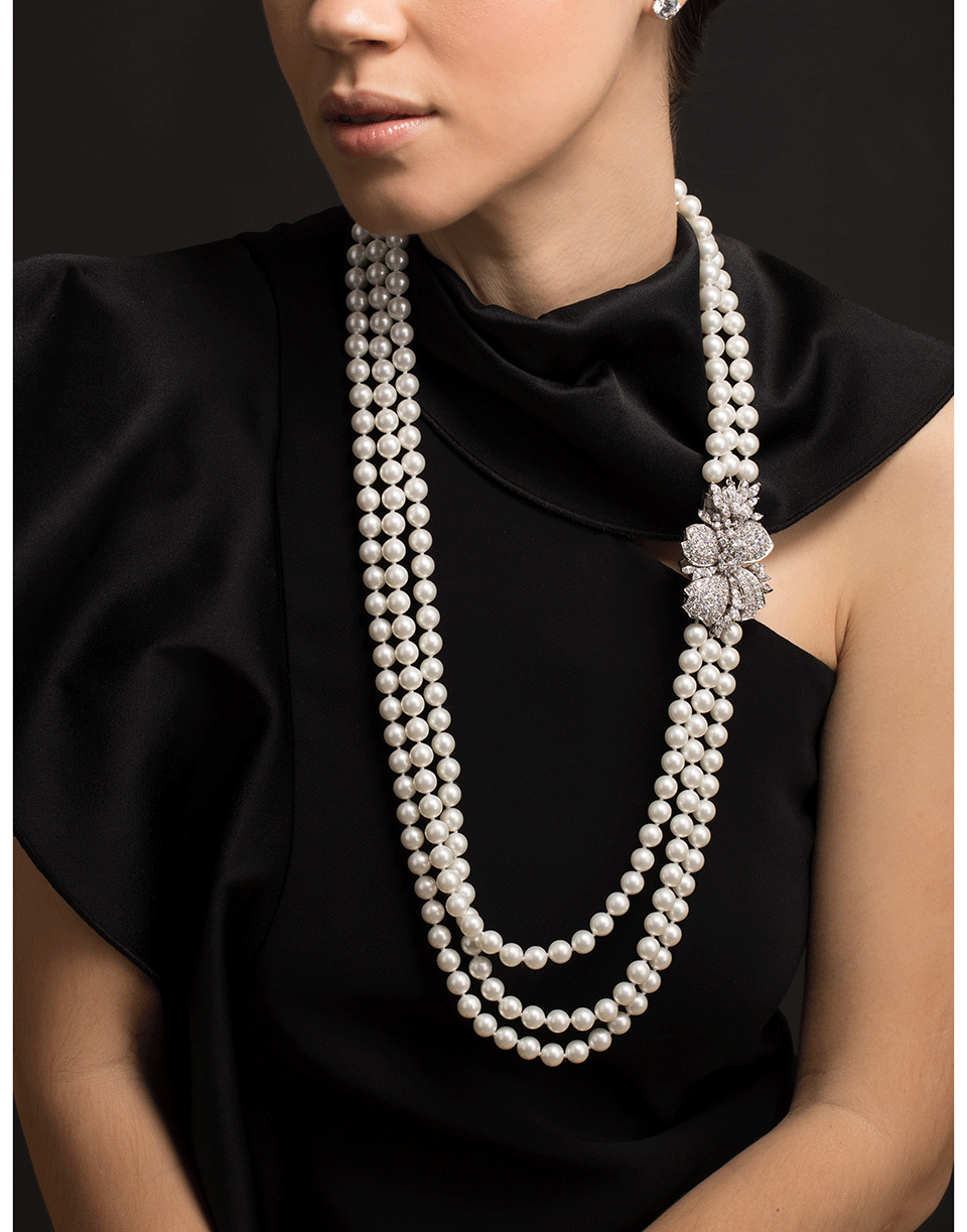 FANTASIA by DESERIO-Multi-Strand Pearl Necklace with Moto Clasp-PRL/CZ