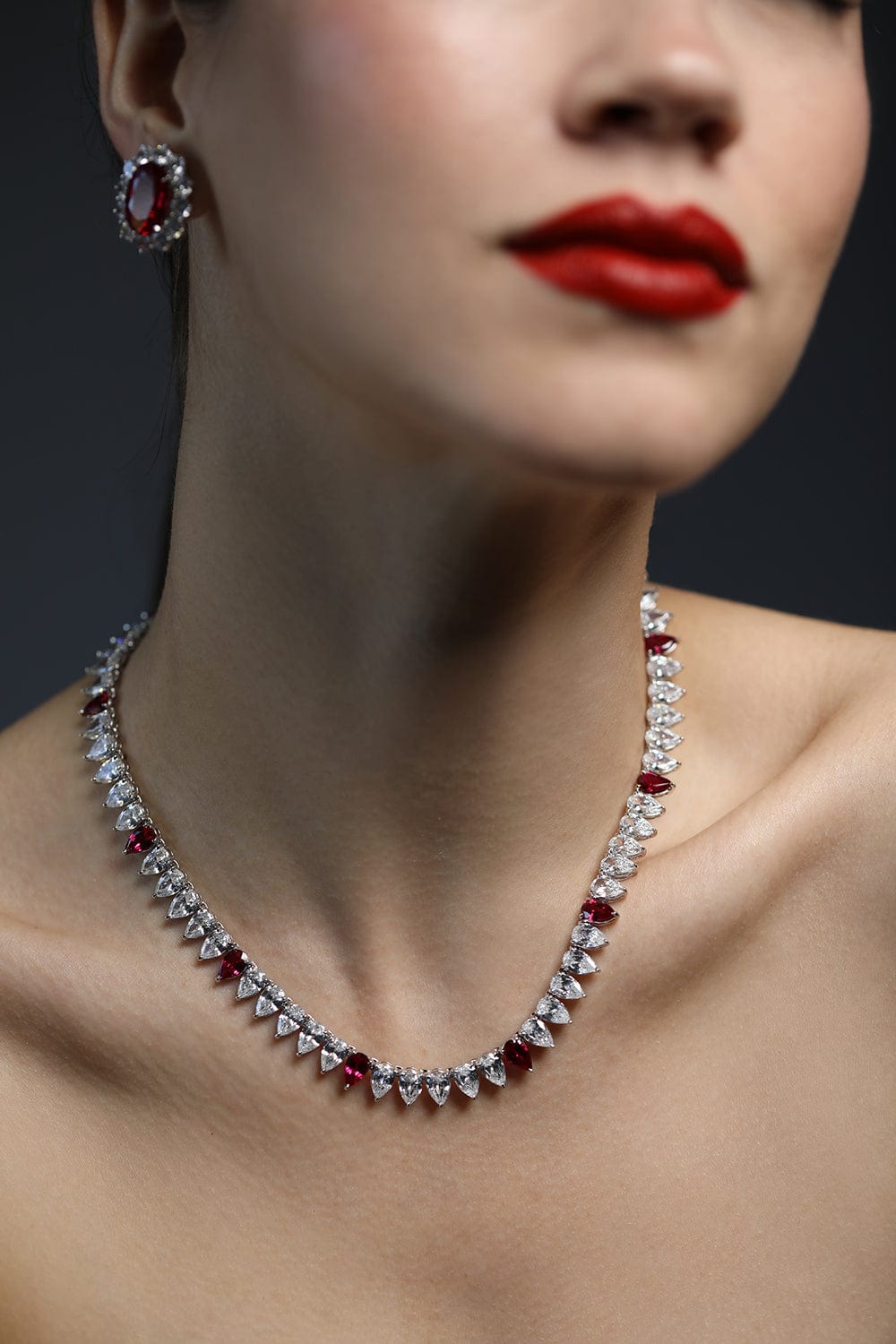 FANTASIA by DESERIO-Red CZ Pear Shape Tennis Necklace-RED
