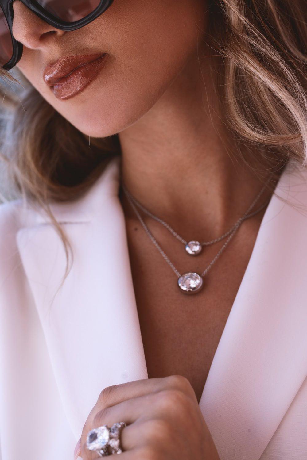 FANTASIA by DESERIO-Bezel Set Round Pendant Necklace-WHITE