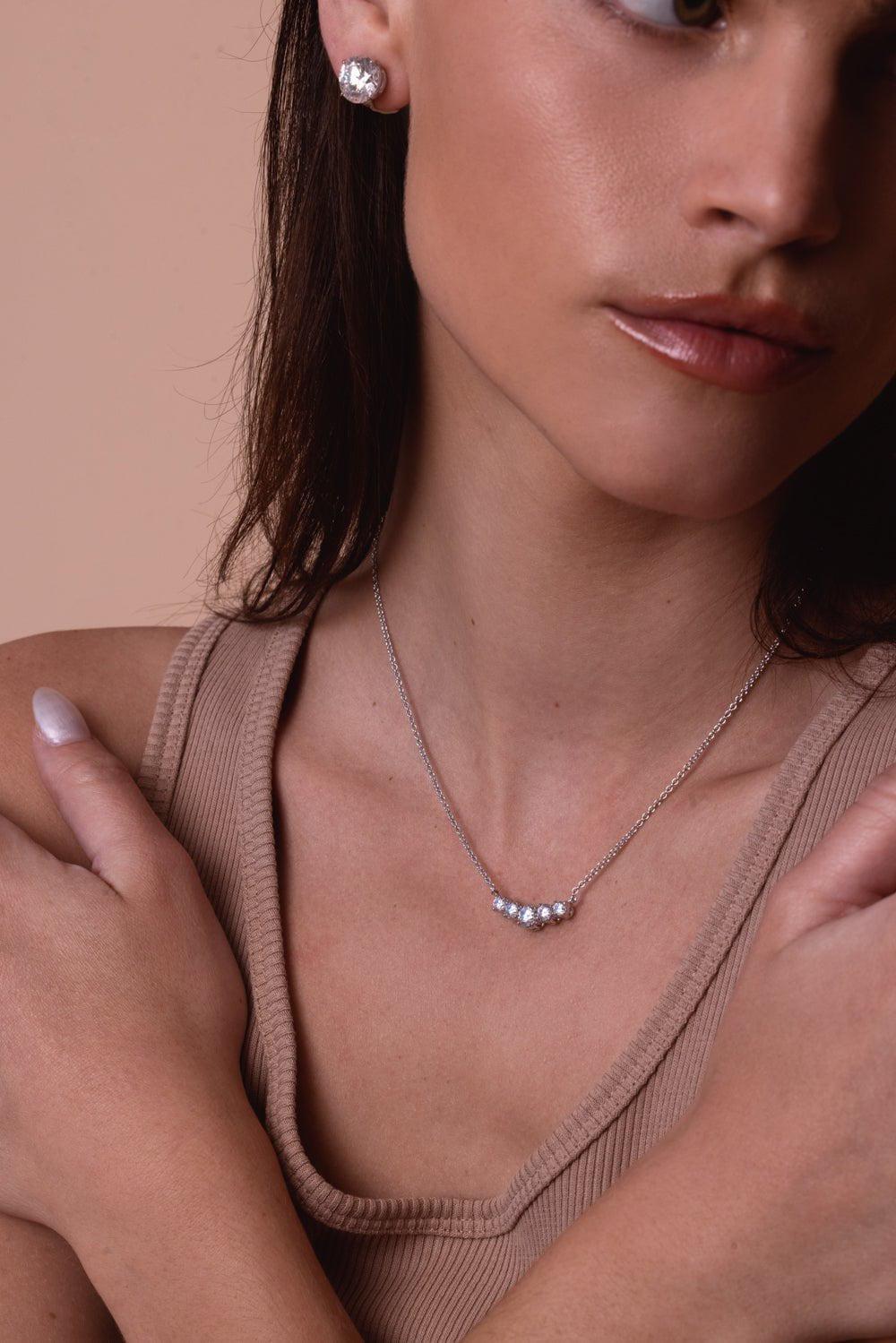 FANTASIA by DESERIO-Graduated Five Stone Pendant Necklace-WHITE