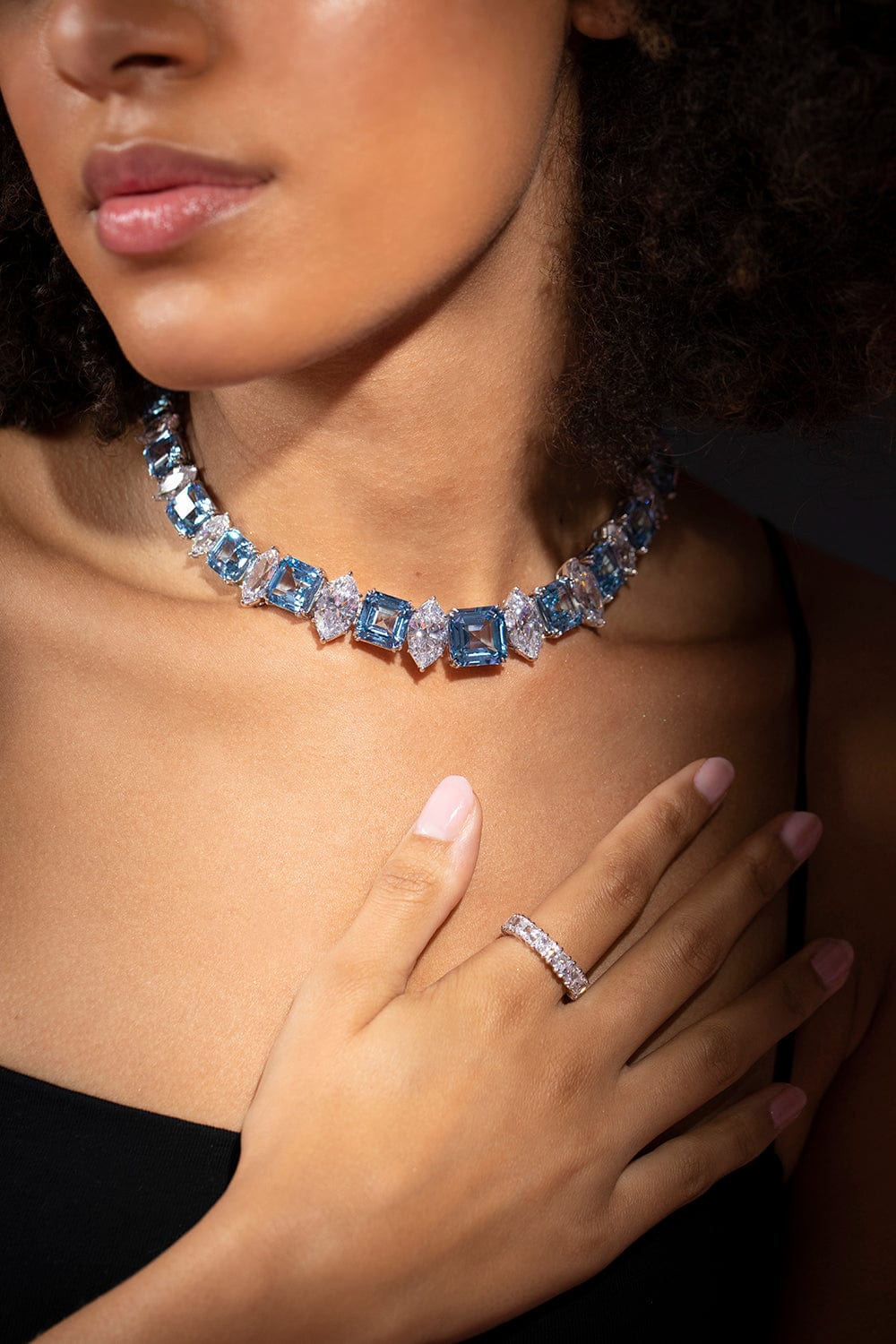 FANTASIA by DESERIO-Maruqis and Square Cut Aquamarine Necklace-WHITE