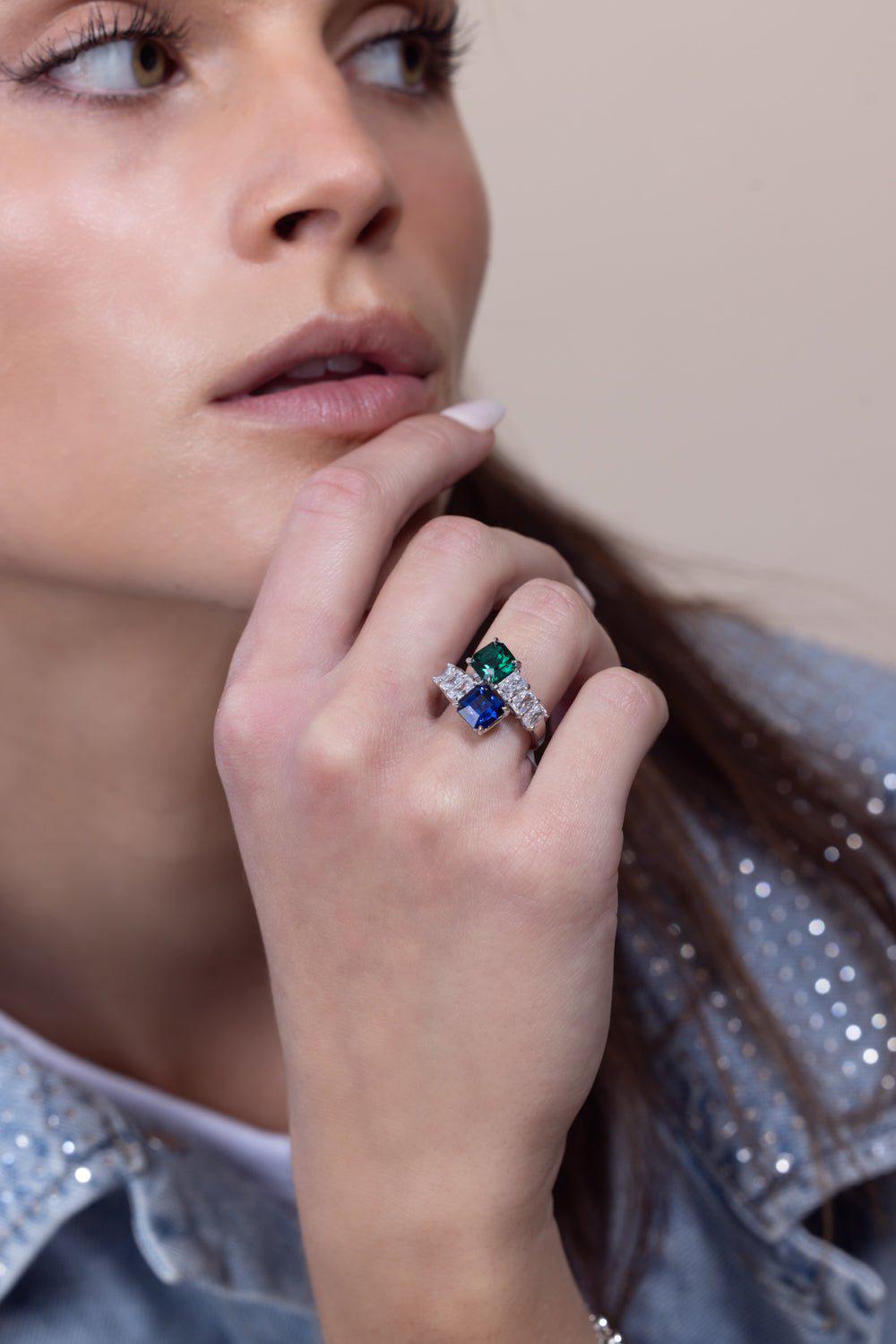 FANTASIA by DESERIO-Emerald Sapphire Bypass Ring-