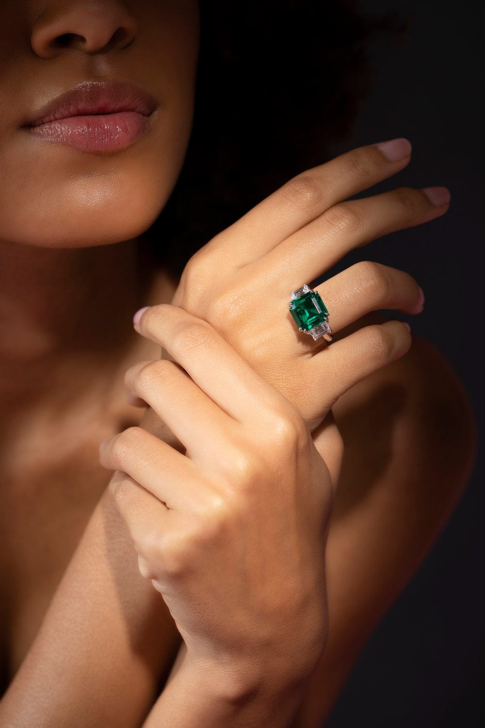 FANTASIA by DESERIO-Emerald Asscher Cut Three Stone Ring-WHITE GOLD