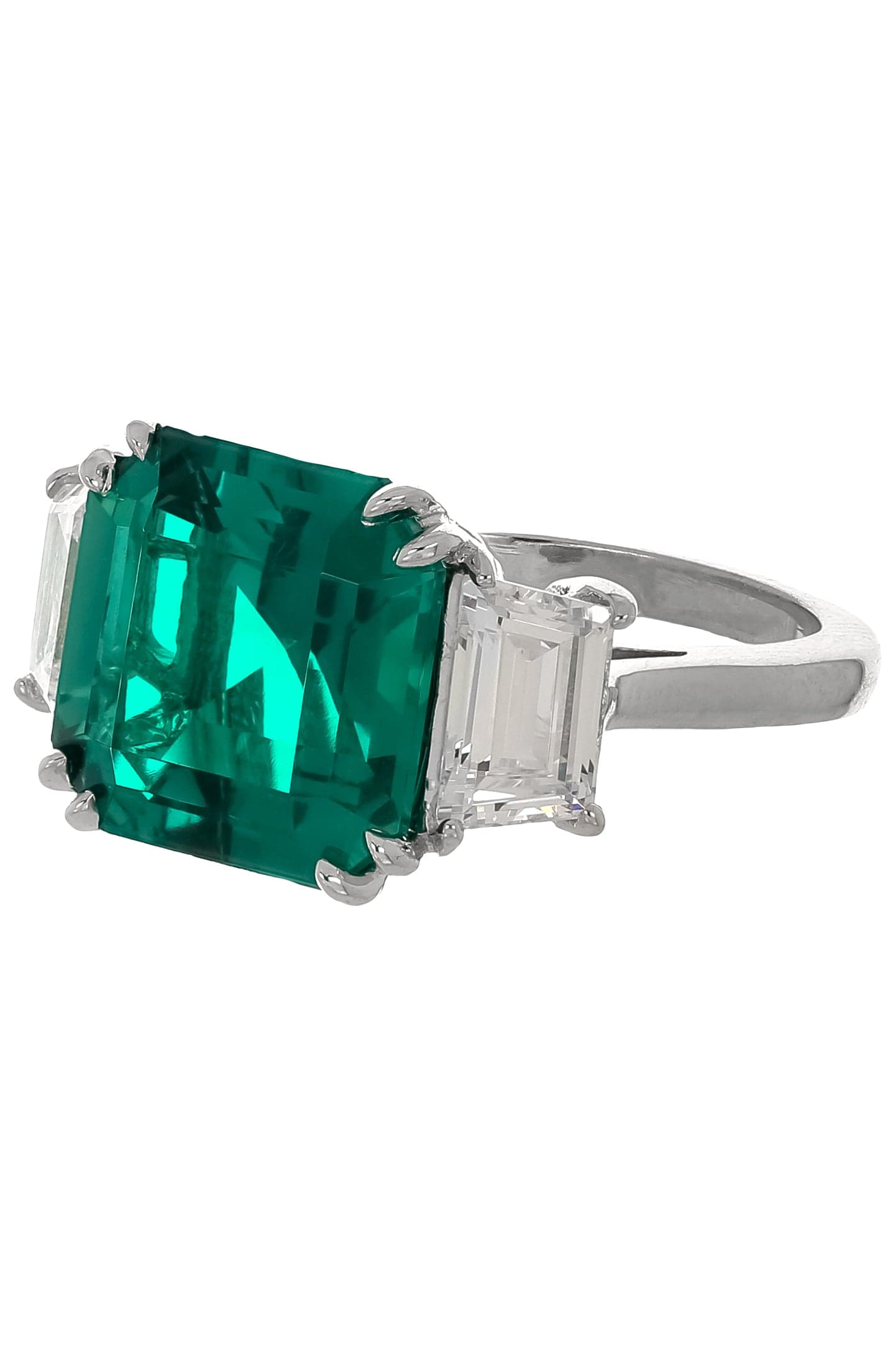 FANTASIA by DESERIO-Emerald Asscher Cut Three Stone Ring-WHITE GOLD
