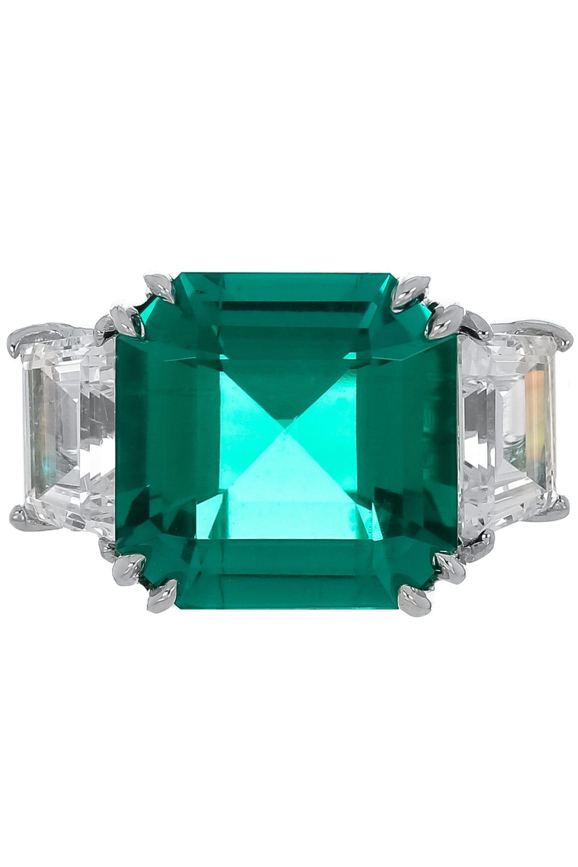FANTASIA by DESERIO-Emerald Asscher Cut Three Stone Ring-WHITE GOLD