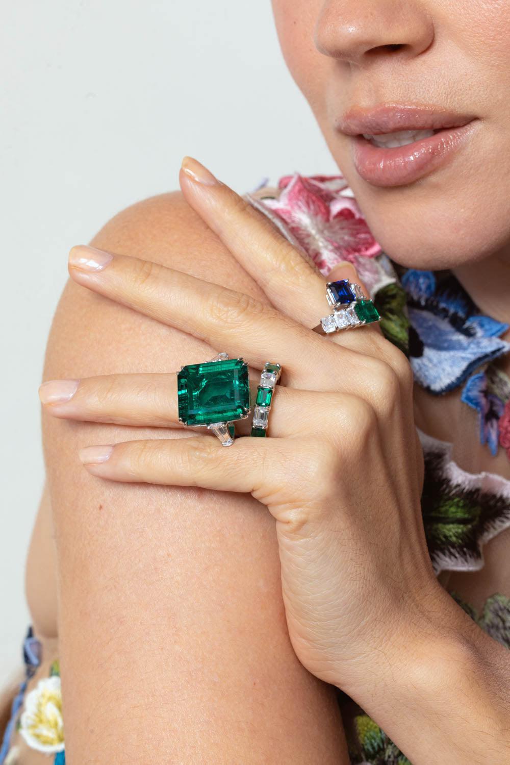 FANTASIA by DESERIO-Green Cz Baguette Ring-WHITE GOLD