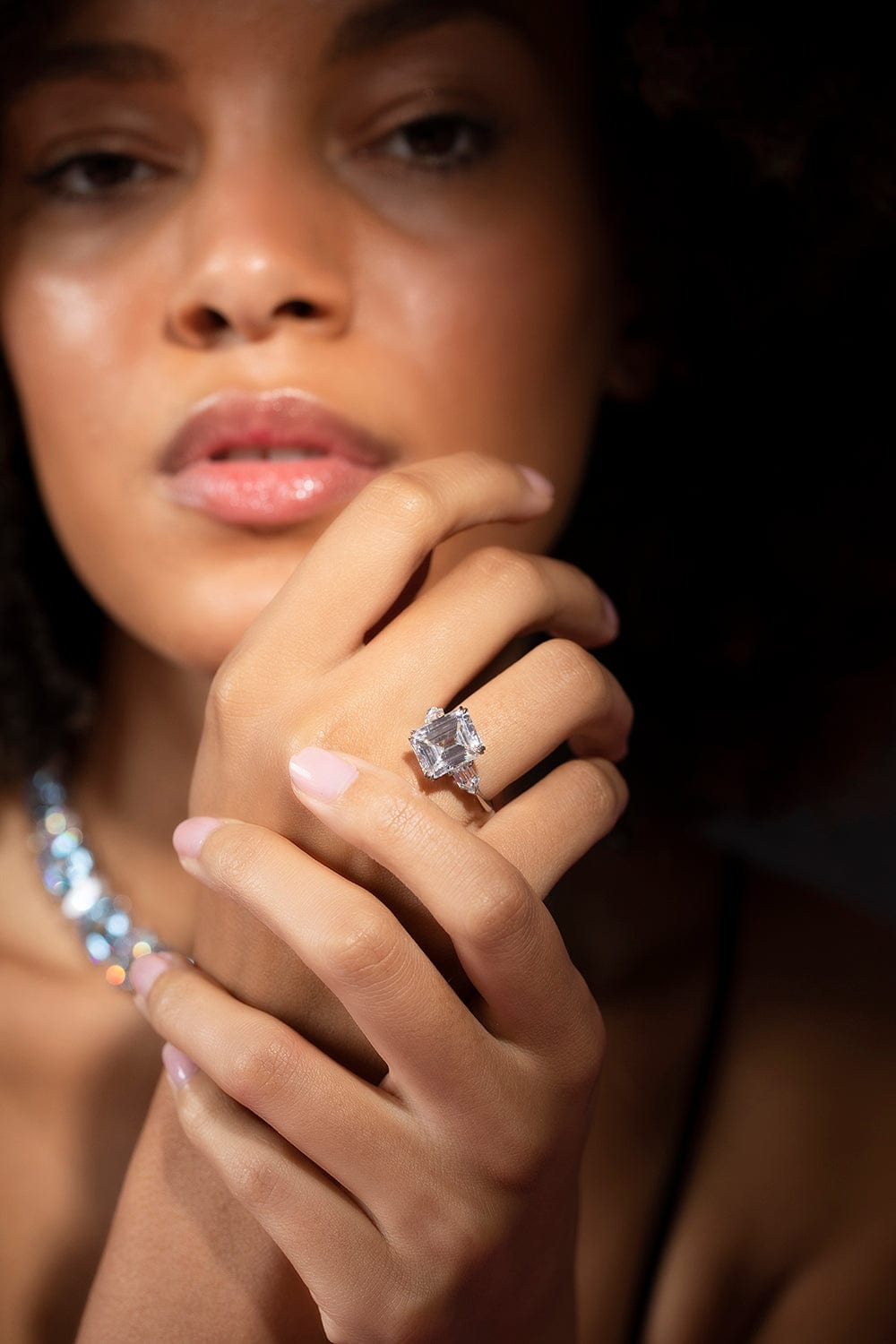 FANTASIA by DESERIO-Emerald Cut Three Stone Ring-WHITE GOLD