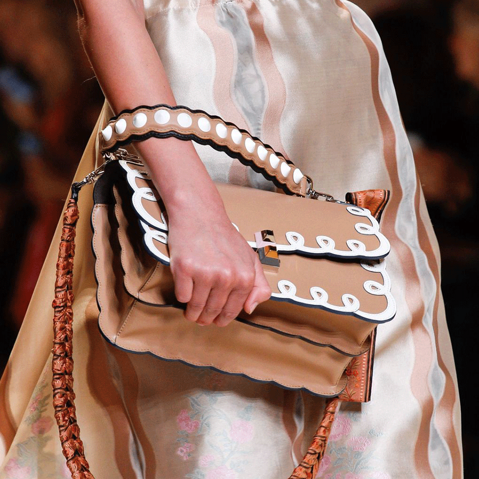 FENDI-Leather Scallop And Studded Handbag-WHT/TAN