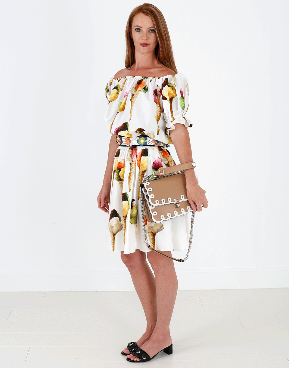 FENDI-Leather Scallop And Studded Handbag-WHT/TAN
