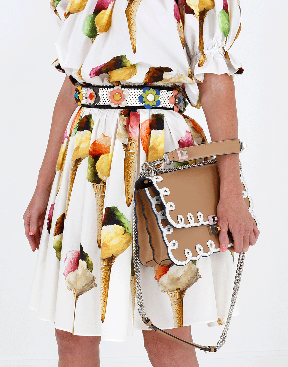 FENDI-Leather Scallop And Studded Handbag-WHT/TAN