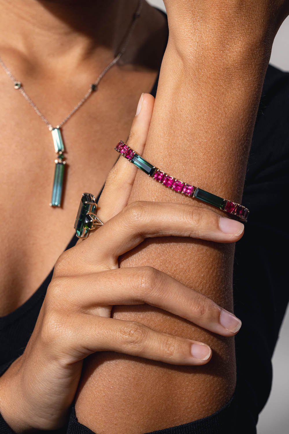 FISZMAN JEWEL-Bicolor Cushion Rubellite Bracelet-WHITE GOLD