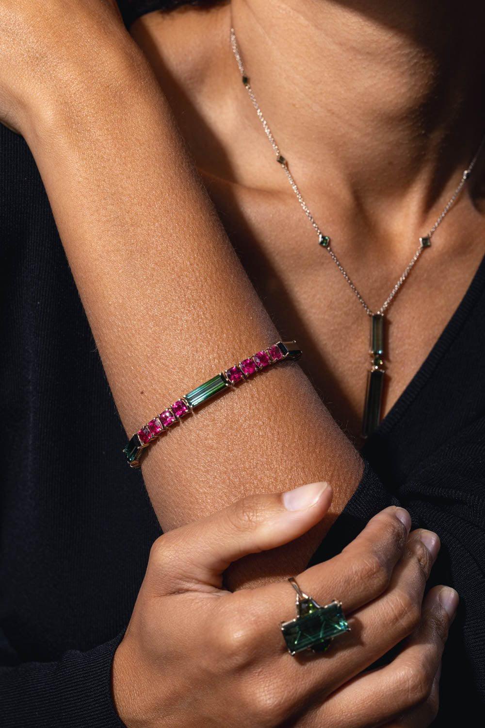 FISZMAN JEWEL-Bicolor Cushion Rubellite Bracelet-WHITE GOLD