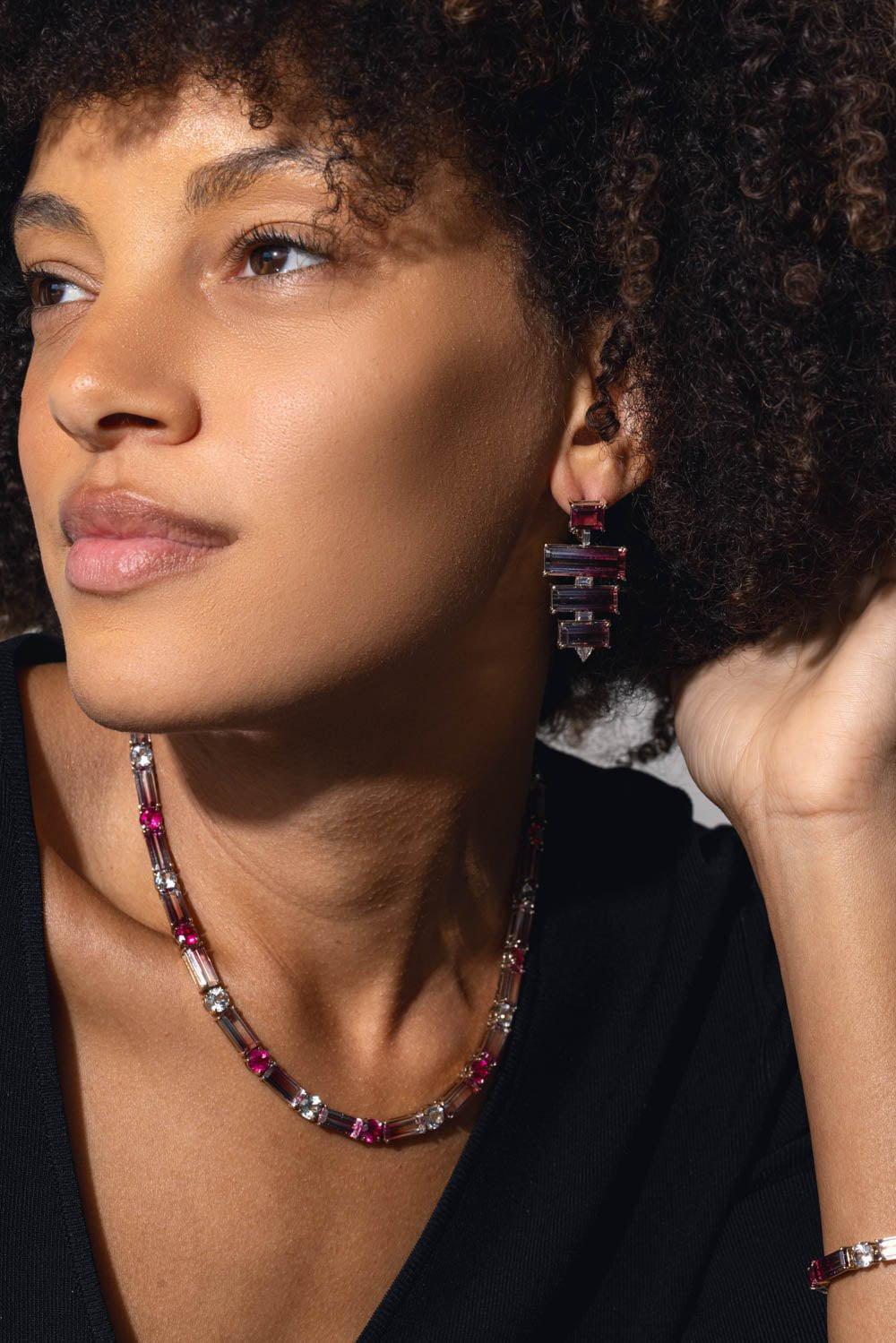 FISZMAN JEWEL-Bicolor Rubellite Diamond Earrings-WHITE GOLD