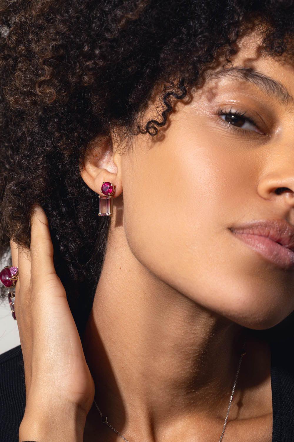 FISZMAN JEWEL-Bicolor Rubellite Mix Match Earrings-WHITE GOLD