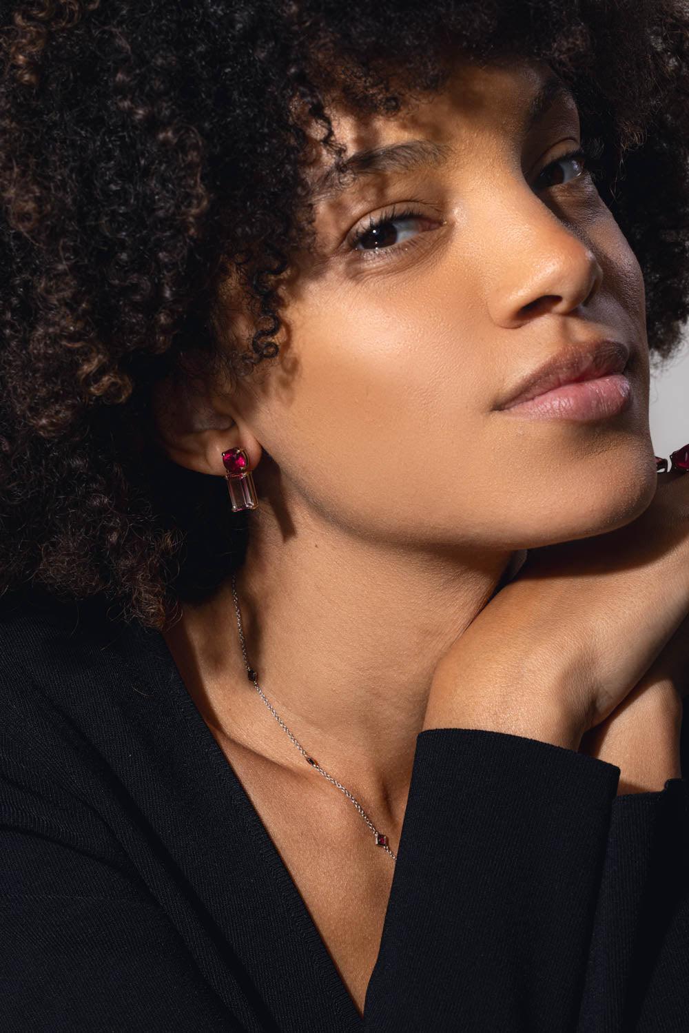 FISZMAN JEWEL-Bicolor Rubellite Mix Match Earrings-WHITE GOLD