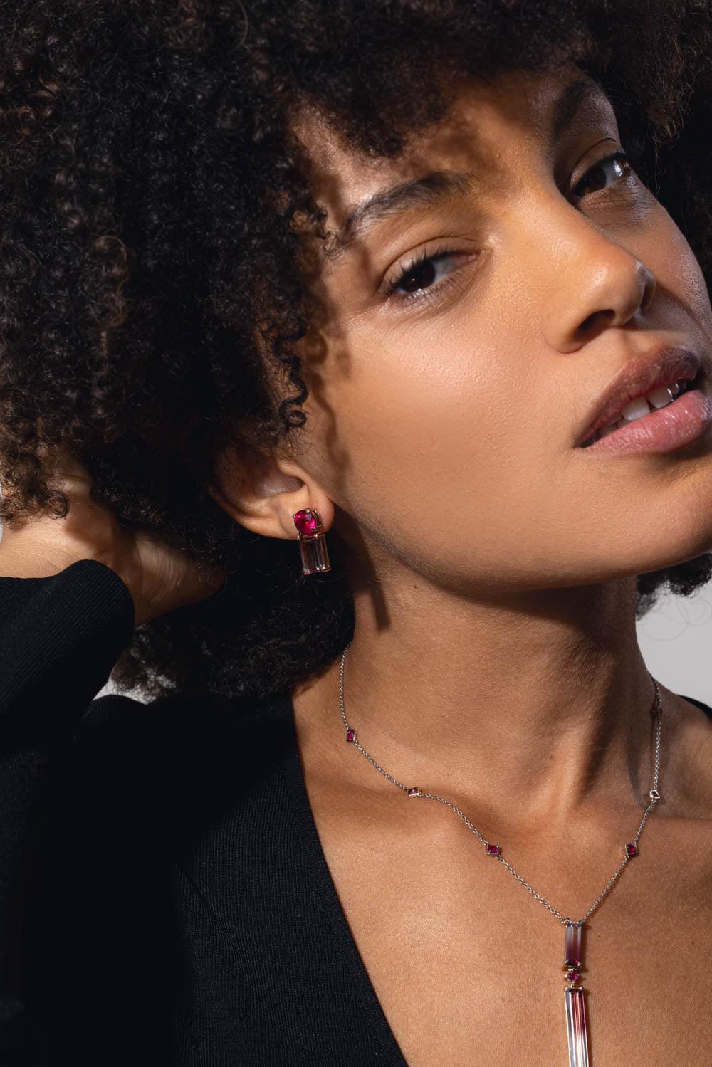 FISZMAN JEWEL-Bicolor Rubellite Mix Match Earrings-WHITE GOLD
