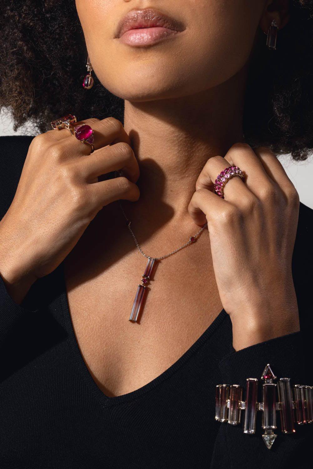 FISZMAN JEWEL-Bicolor Rubellite Pendant Necklace-WHITE GOLD
