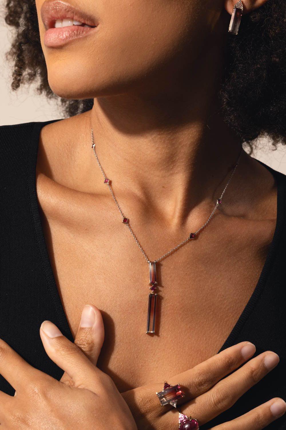 FISZMAN JEWEL-Bicolor Rubellite Pendant Necklace-WHITE GOLD