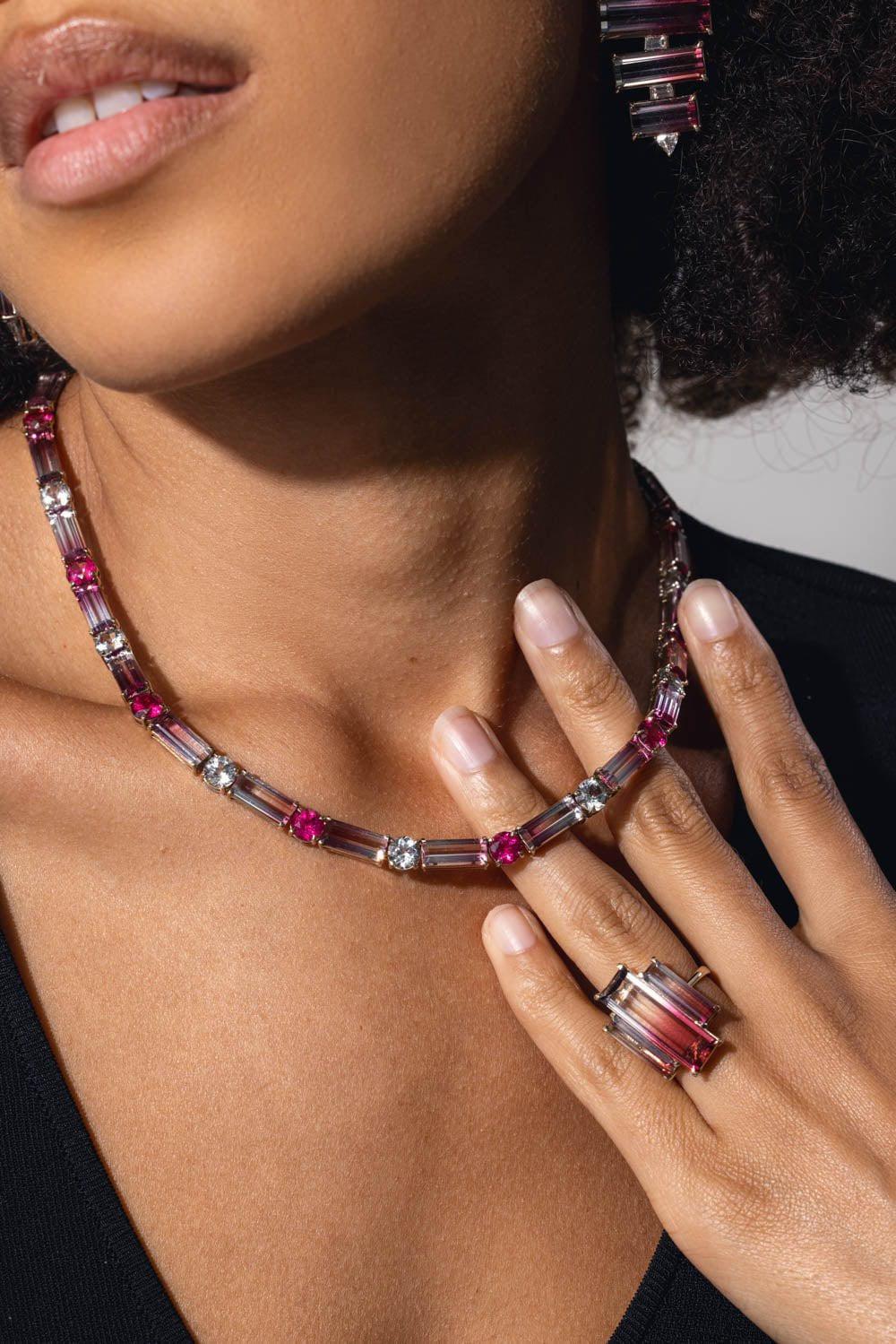 FISZMAN JEWEL-Bicolor Rubellite Tourmaline Tennis Necklace-WHITE GOLD