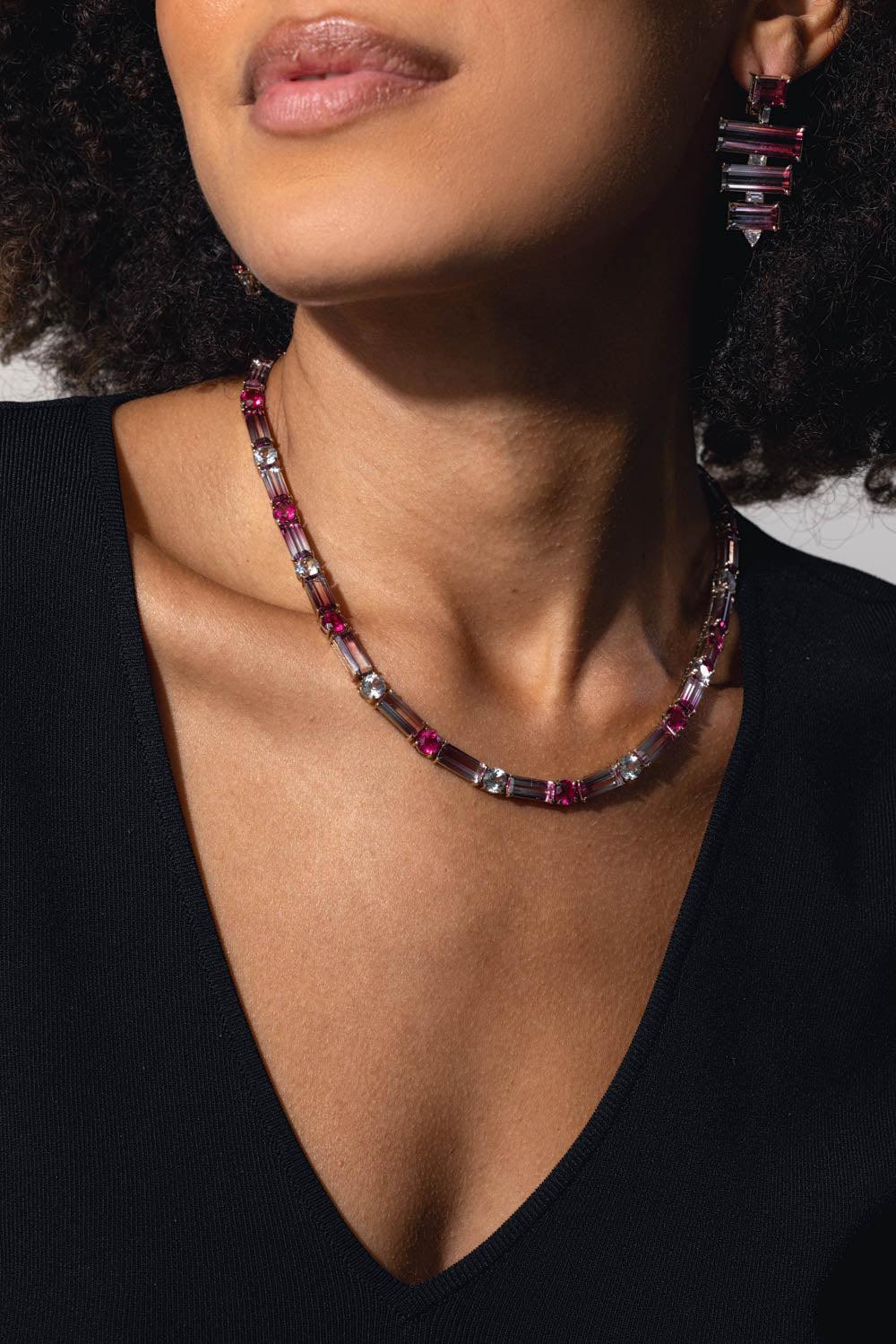 FISZMAN JEWEL-Bicolor Rubellite Tourmaline Tennis Necklace-WHITE GOLD