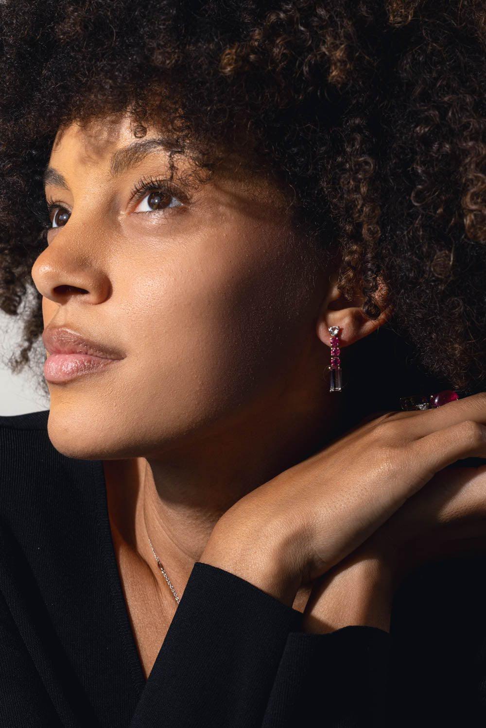 FISZMAN-Bicolor Rubellite Drop Earrings-WHITE GOLD