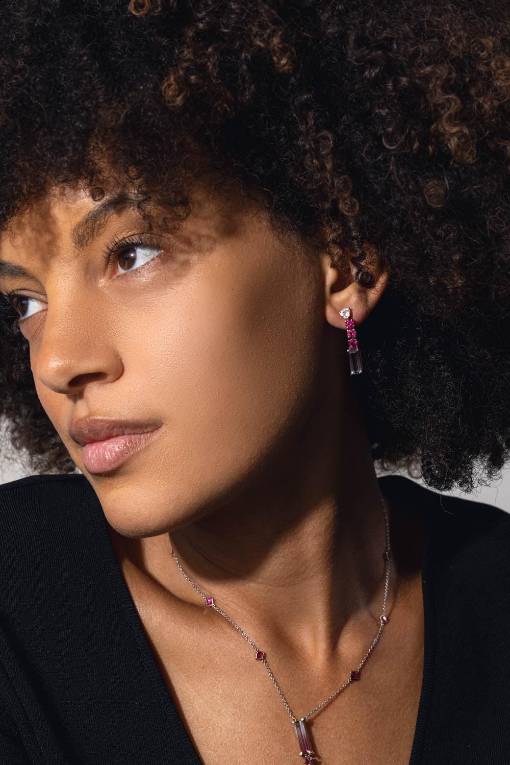 FISZMAN-Bicolor Rubellite Drop Earrings-WHITE GOLD