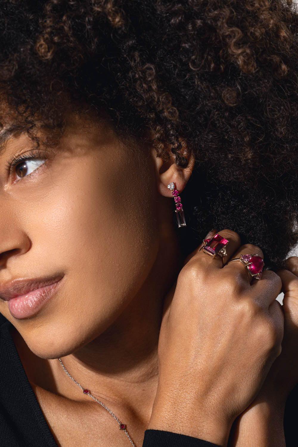 FISZMAN-Bicolor Rubellite Drop Earrings-WHITE GOLD