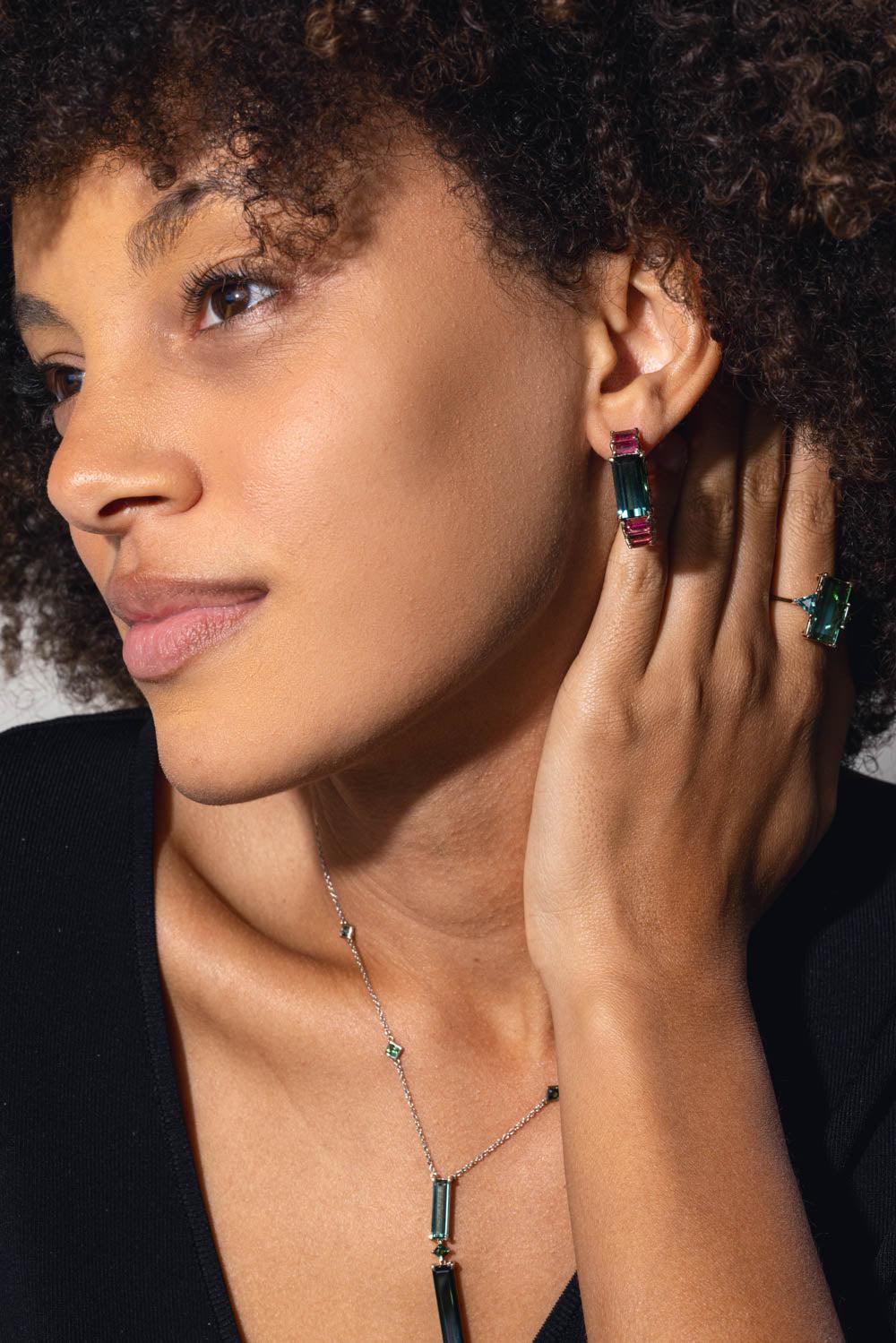 FISZMAN-Rubellite Green Tourmaline Hoop Earrings-WHITE GOLD