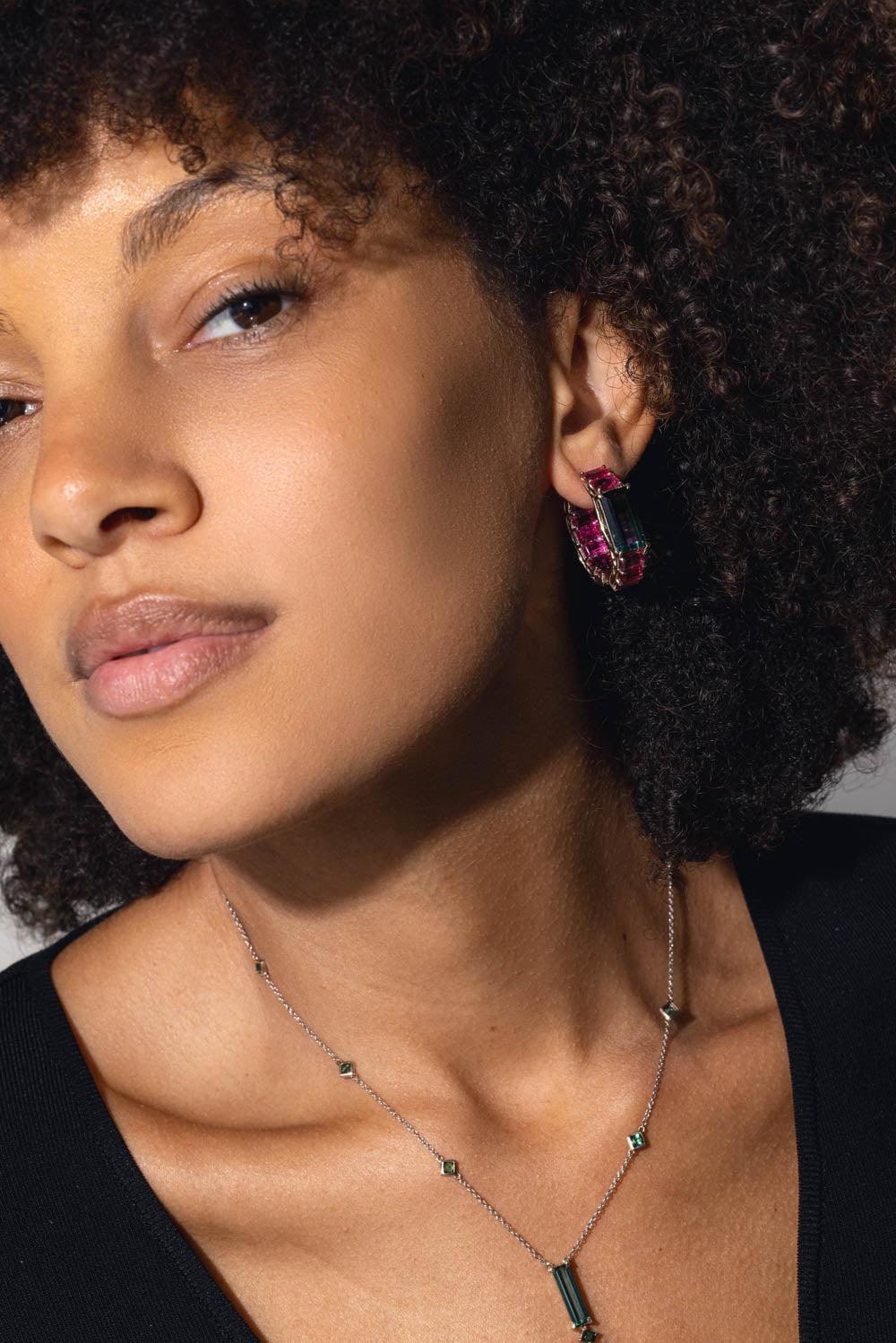 FISZMAN-Rubellite Green Tourmaline Hoop Earrings-WHITE GOLD