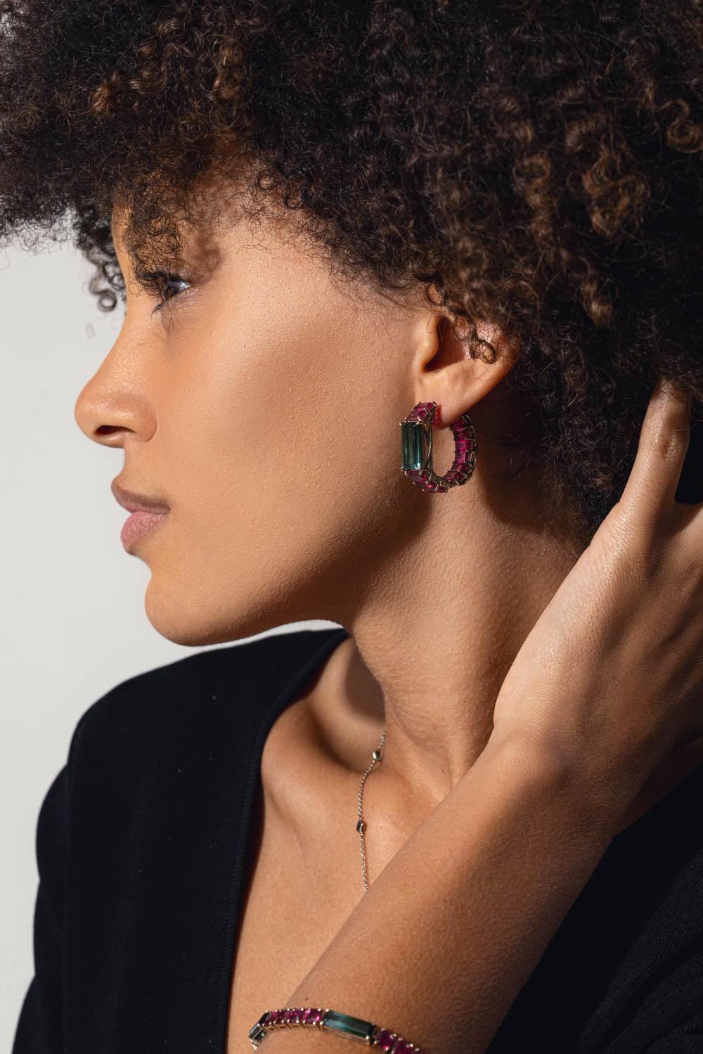 FISZMAN-Rubellite Green Tourmaline Hoop Earrings-WHITE GOLD