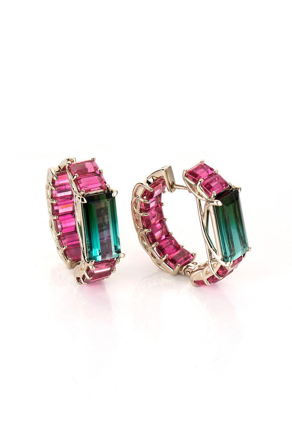 FISZMAN-Rubellite Green Tourmaline Hoop Earrings-WHITE GOLD