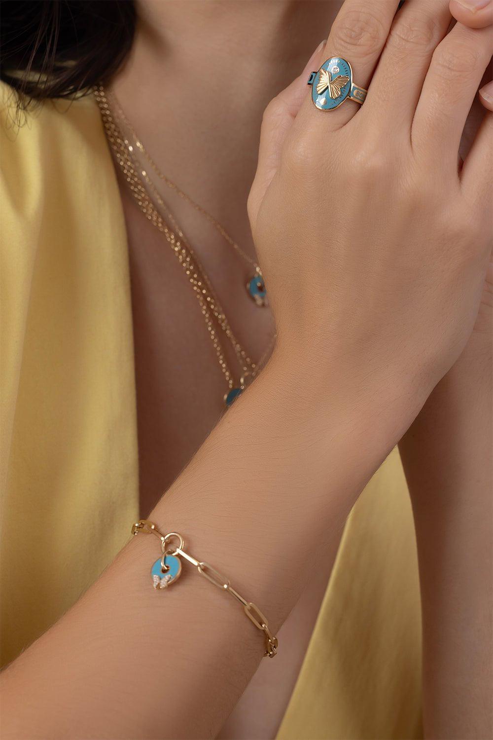  FOUNDRAE-Aqua Butterfly Classic Fob Bracelet - Reverie-YELLOW GOLD 