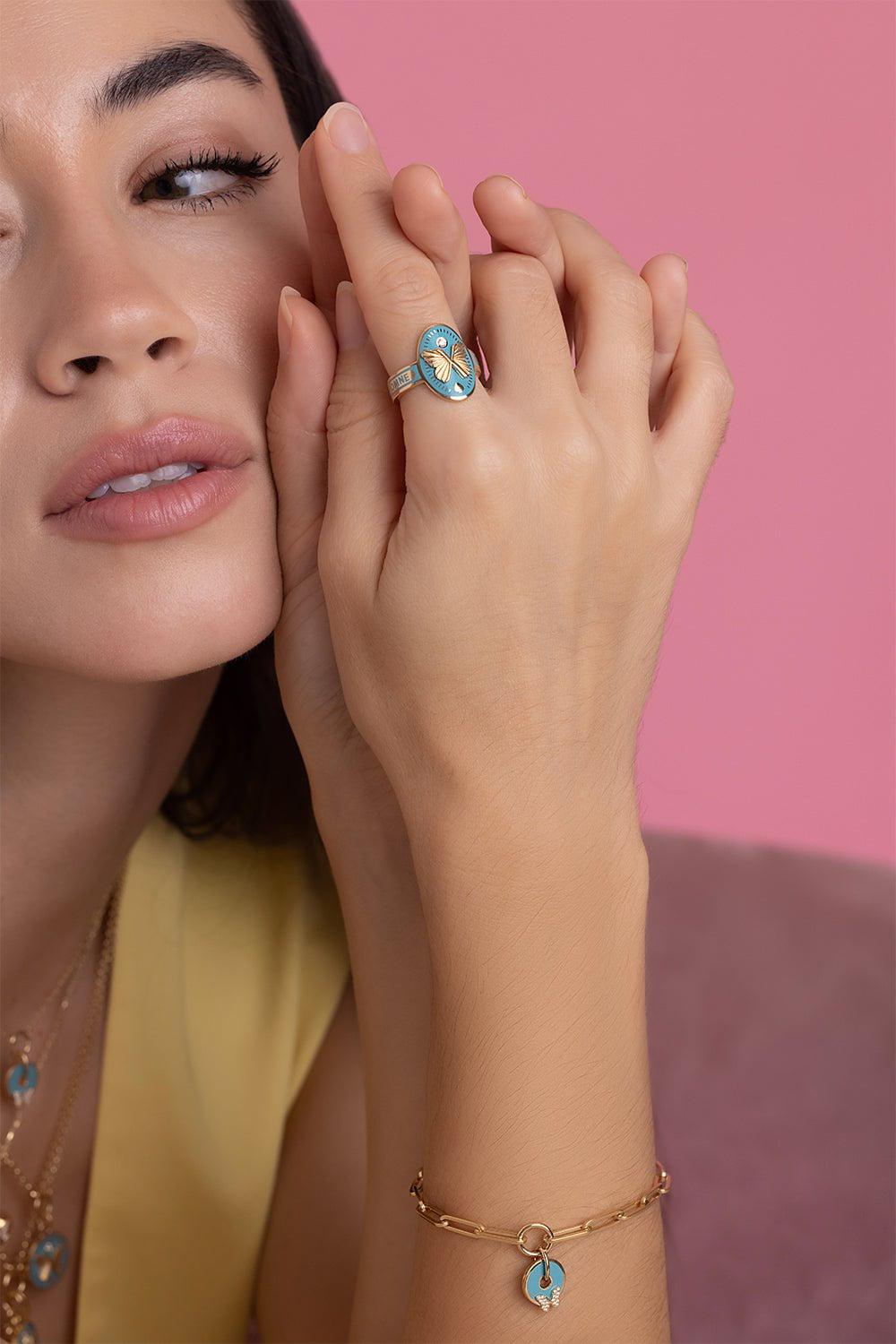  FOUNDRAE-Aqua Butterfly Classic Fob Bracelet - Reverie-YELLOW GOLD 