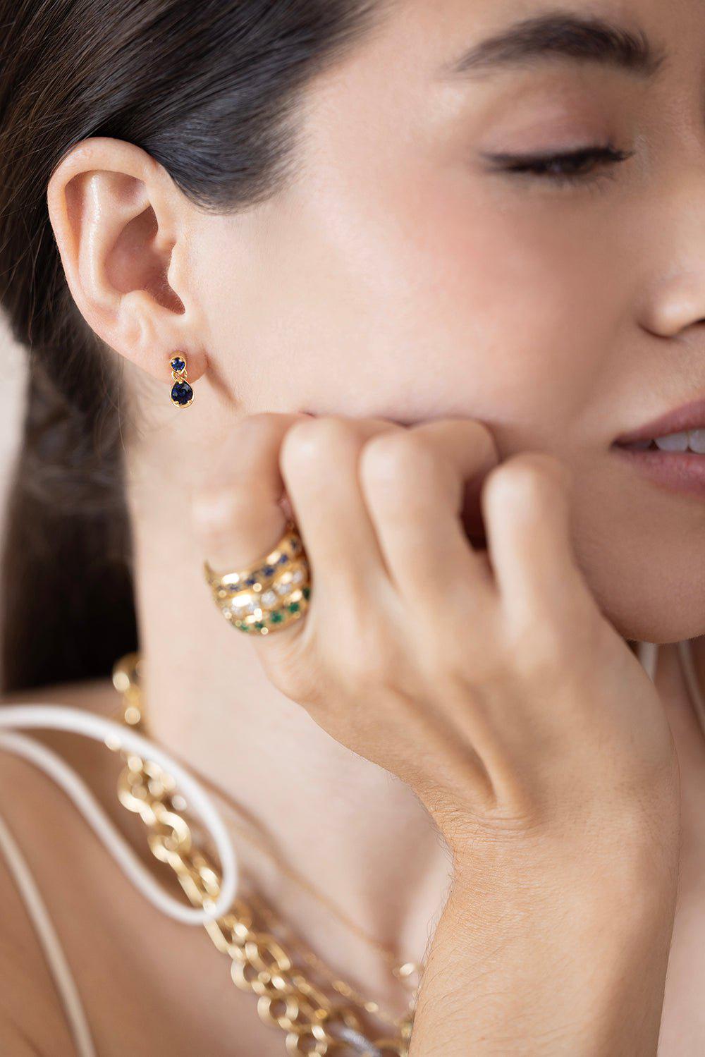 FOUNDRAE-Blue Sapphire Forever And Always A Pair - Love Earrings-YELLOW GOLD
