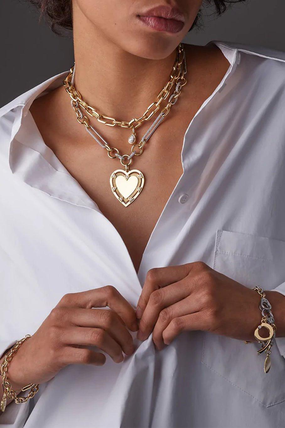 FOUNDRAE-Oversize Engraved Heart Pendant-YELLOW GOLD