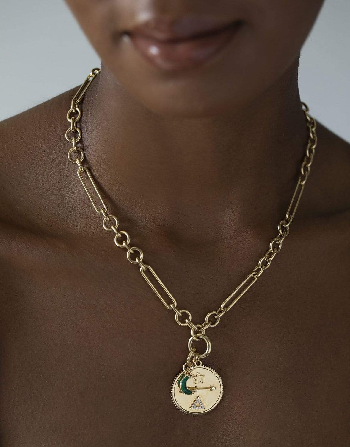 FOUNDRAE-Small Malachite Crescent Pendant-YELLOW GOLD