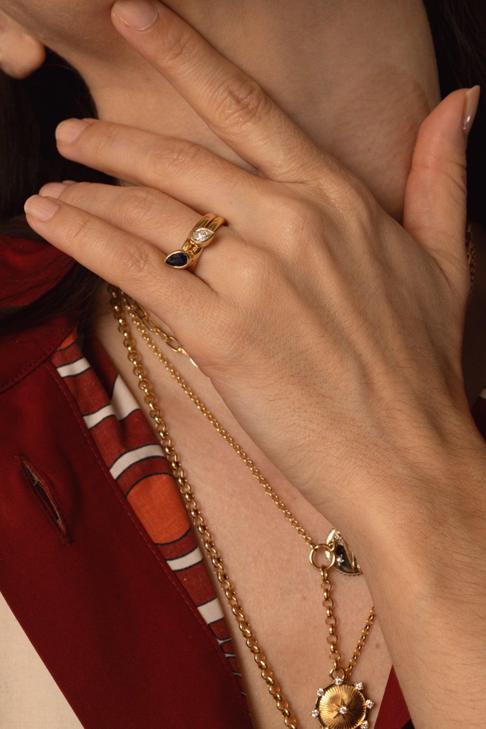 FOUNDRAE-Forever And Always a Pair - Love Sapphire Bookend Ring-YELLOW GOLD