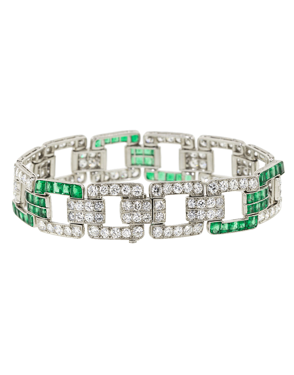 FRED LEIGHTON-Art Deco Diamond And Emerald Heyman Bracelet-PLATINUM