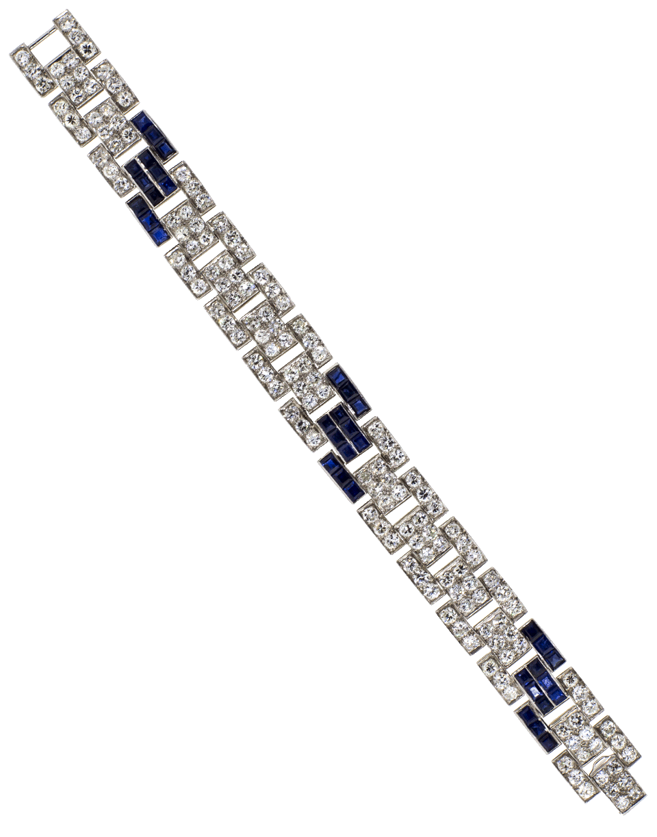 FRED LEIGHTON-Art Deco Diamond And Sapphire Brick Bracelet-PLATINUM