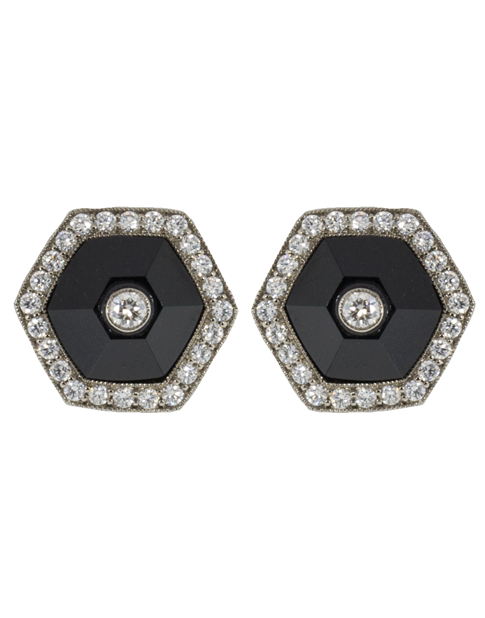 FRED LEIGHTON-Black Jade And Diamond Halo Hexagonal Stud Earrings-WHITE GOLD