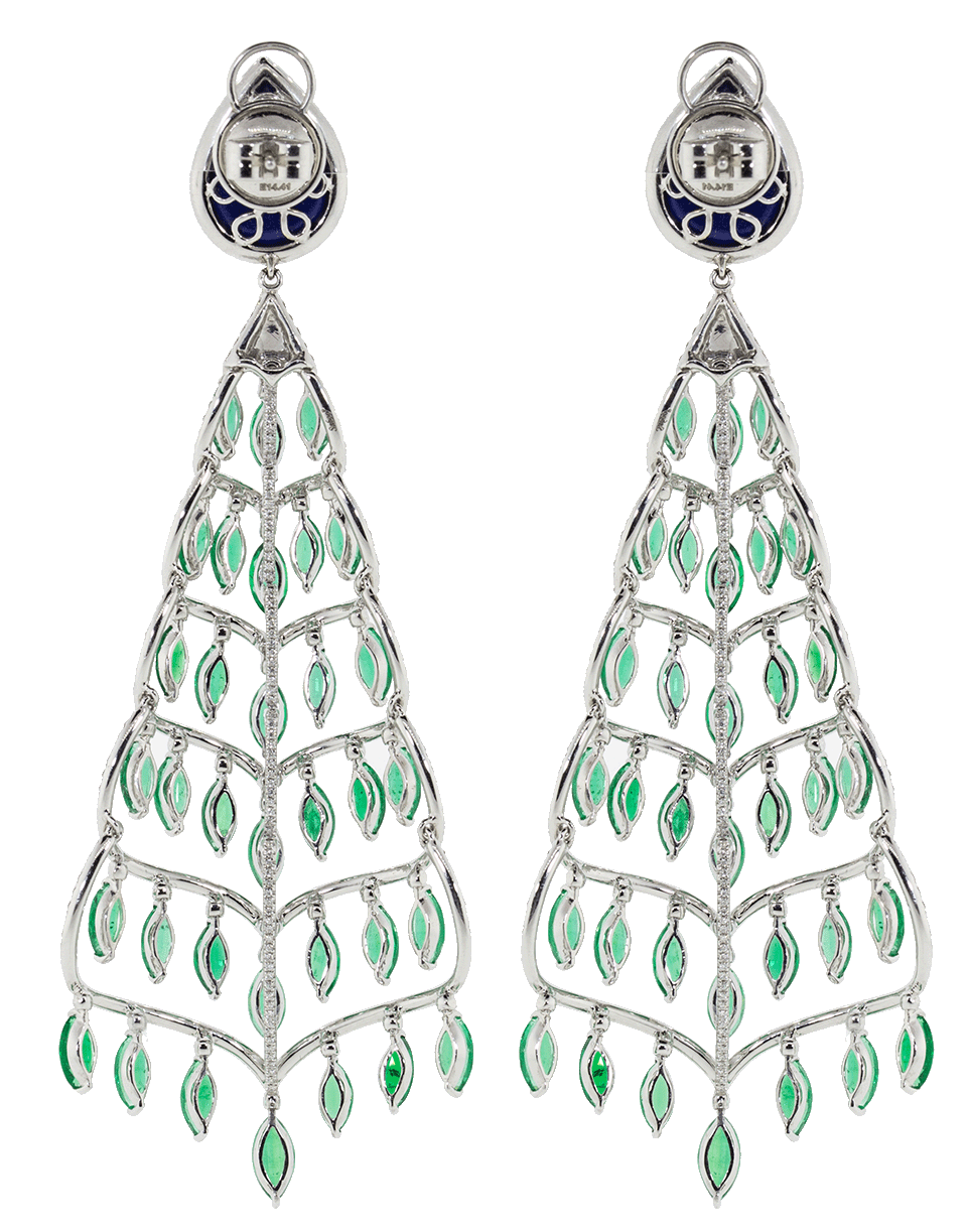 FRED LEIGHTON-Emerald Lapis And Diamond Chandelier Earrings-WHITE GOLD