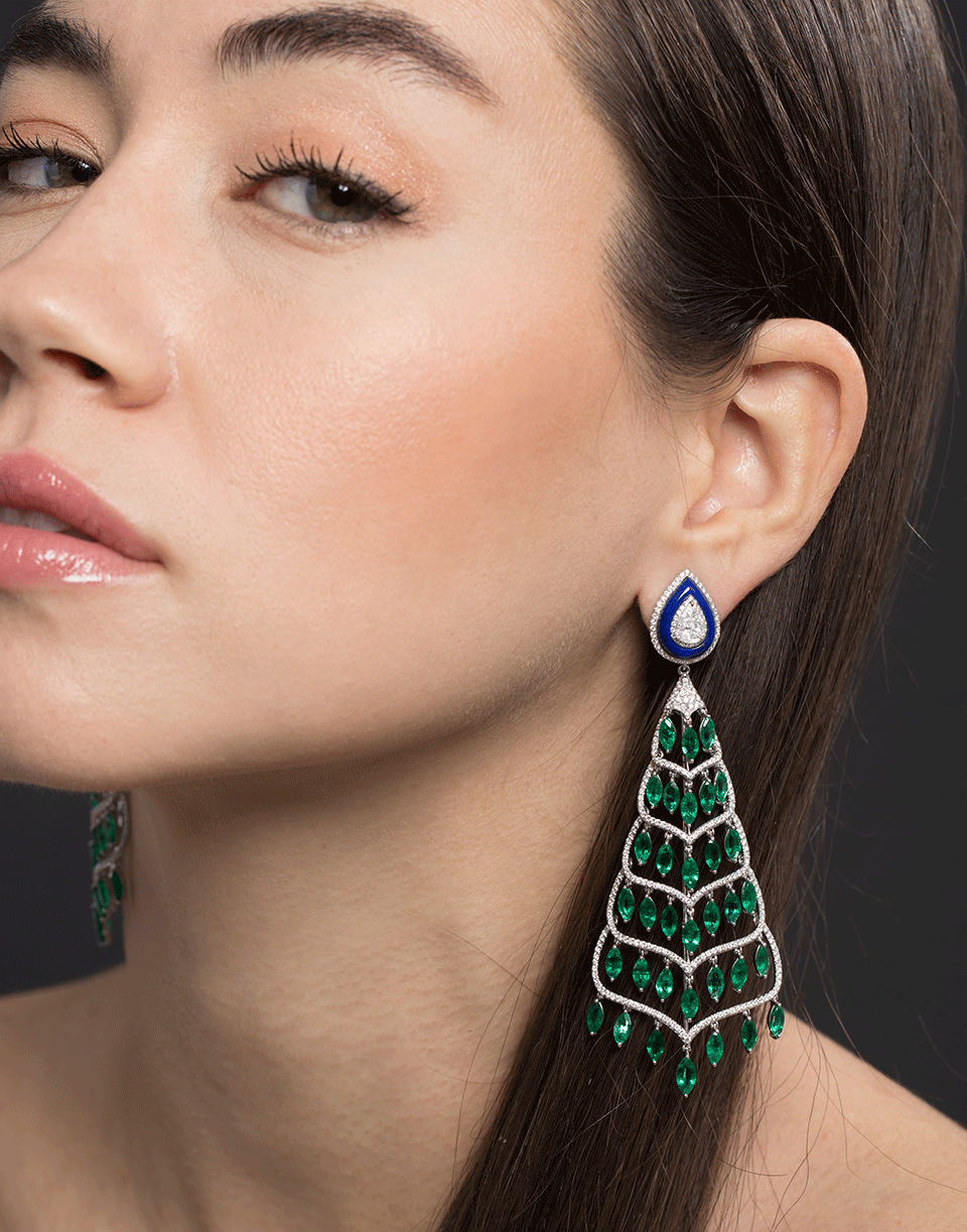FRED LEIGHTON-Emerald Lapis And Diamond Chandelier Earrings-WHITE GOLD