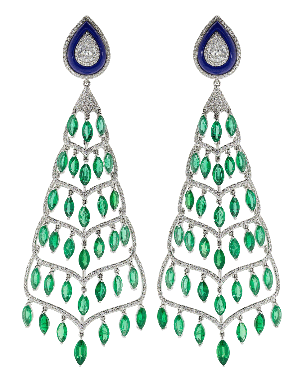 FRED LEIGHTON-Emerald Lapis And Diamond Chandelier Earrings-WHITE GOLD