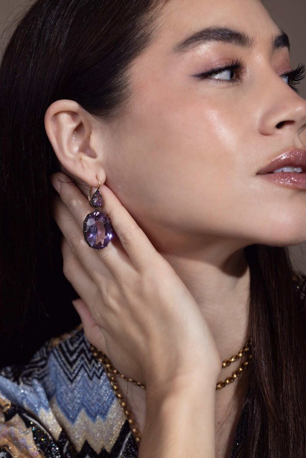 FRED LEIGHTON-Amethyst Double Drop Collet Earrings-YELLOW GOLD