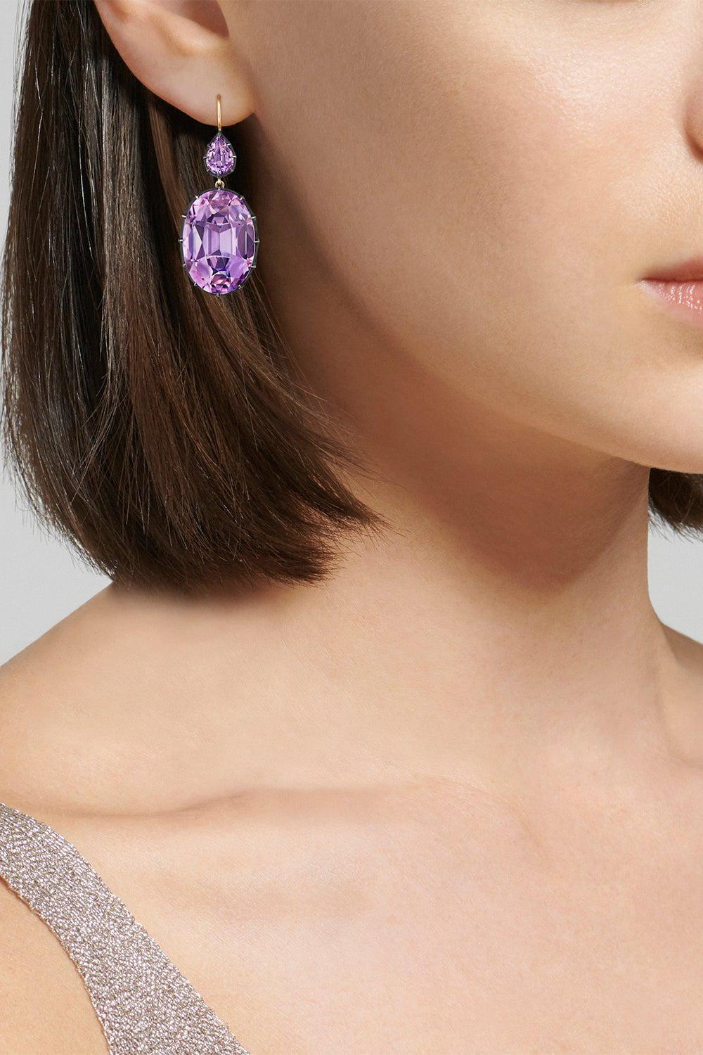 FRED LEIGHTON-Amethyst Double Drop Collet Earrings-YELLOW GOLD