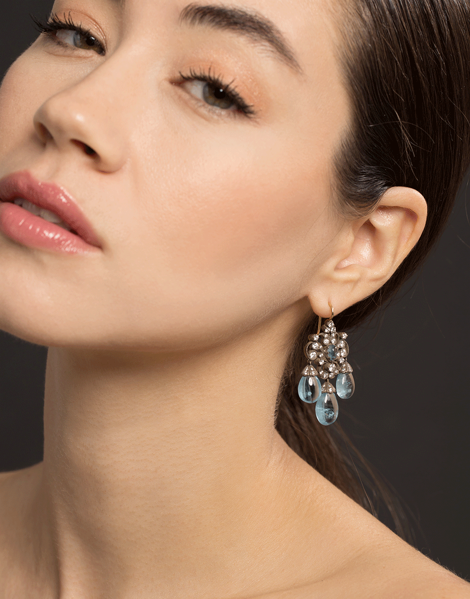 FRED LEIGHTON-Aquamarine And Diamond Three Drop Chandelier Earrings-YELLOW GOLD