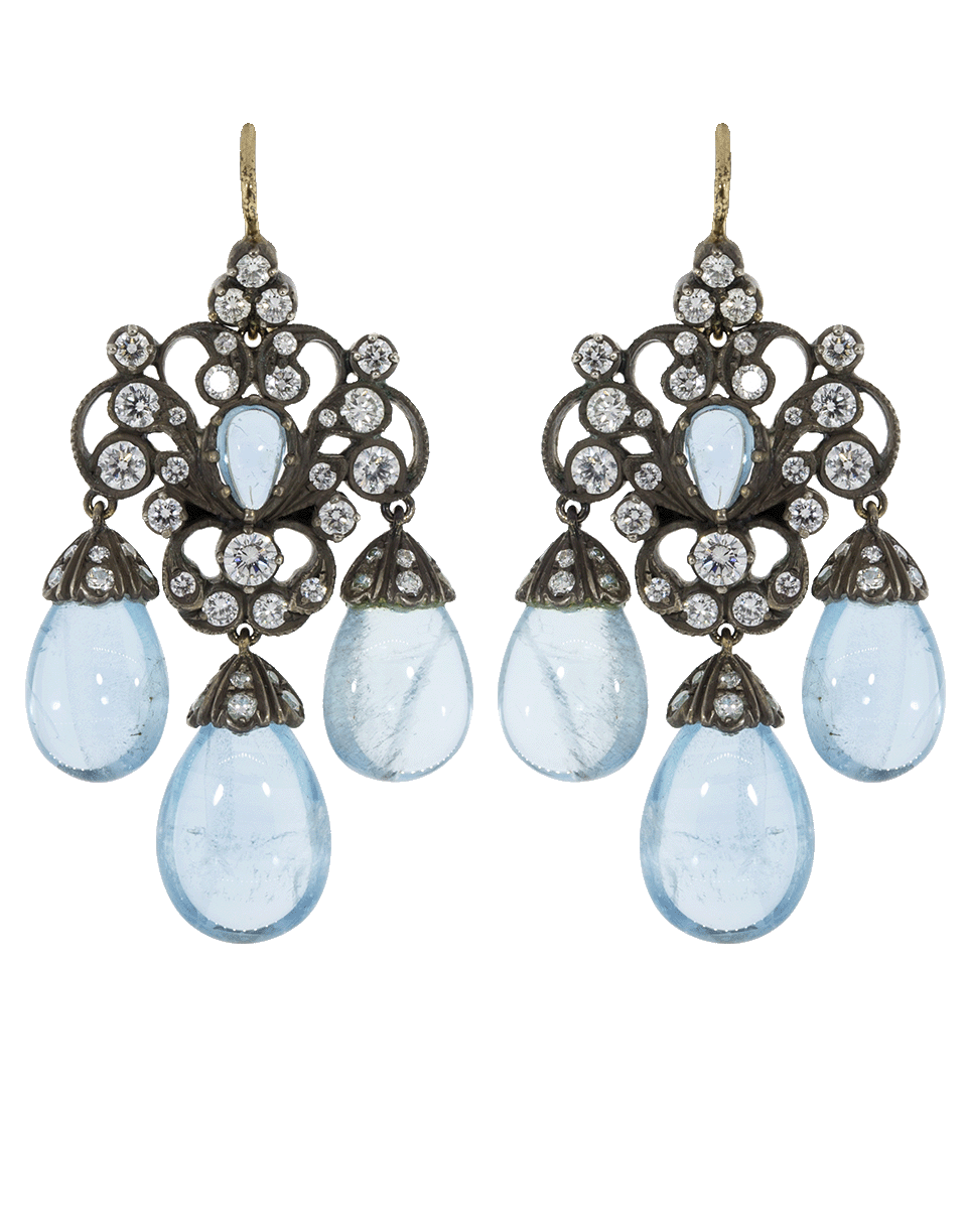 FRED LEIGHTON-Aquamarine And Diamond Three Drop Chandelier Earrings-YELLOW GOLD