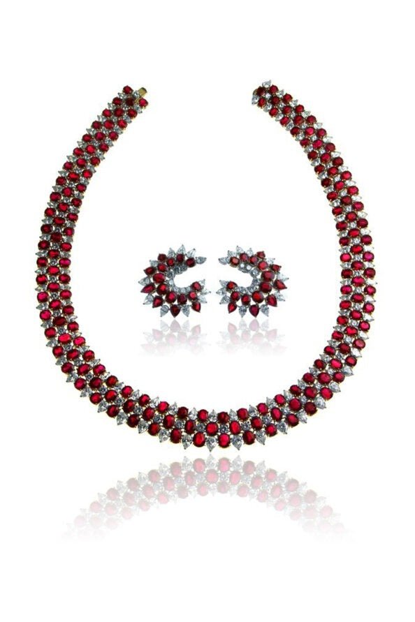 FRED LEIGHTON-Ruby Diamond Necklace Earring Set-PLATINUM