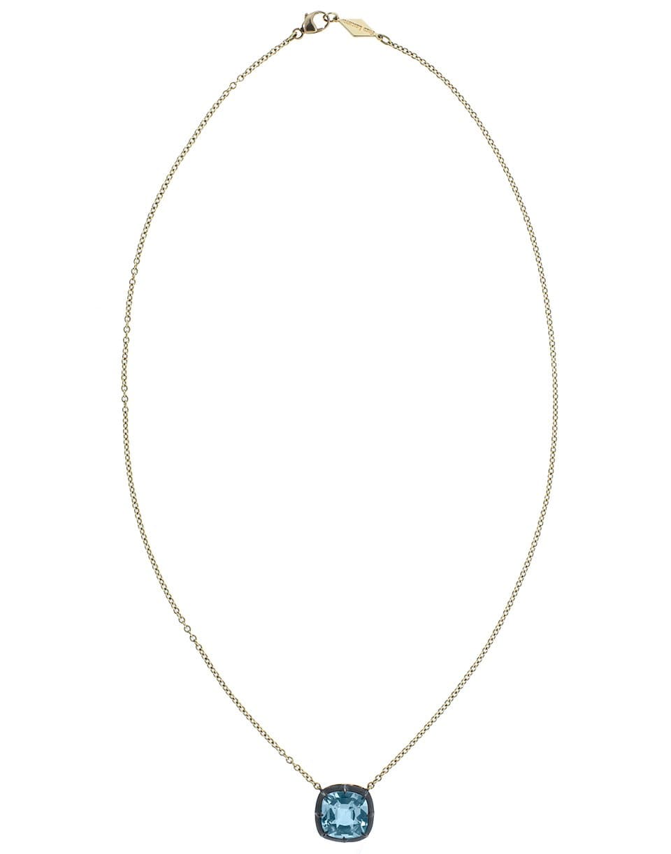 FRED LEIGHTON-Cushion Blue Topaz Collet Signature Pendant Necklace-YELLOW GOLD